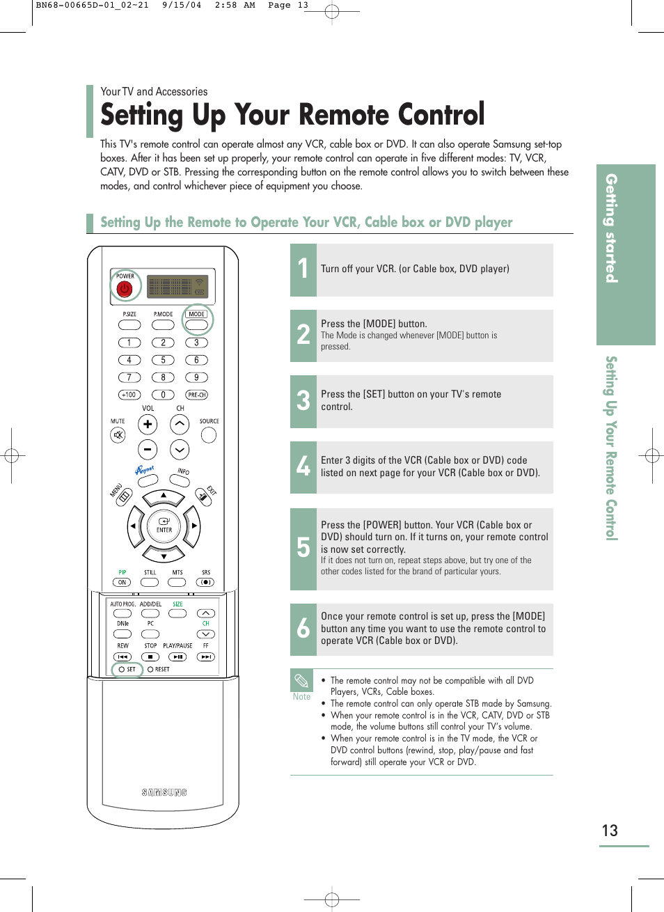 Setting up your remote control | Samsung LTP468WX-XAA User Manual | Page 15 / 126