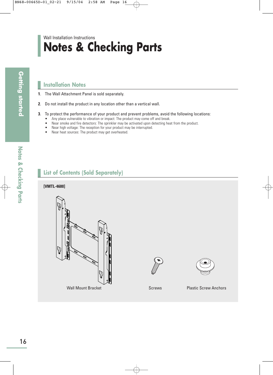 Wall installation instructions, Notes & checking parts | Samsung LTP468WX-XAA User Manual | Page 18 / 126