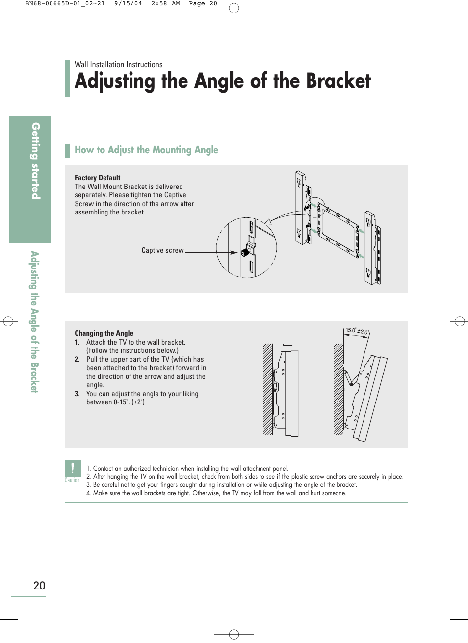 Adjusting the angle of the bracket | Samsung LTP468WX-XAA User Manual | Page 22 / 126