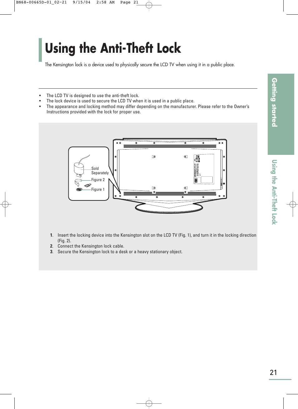 Using the anti-theft lock | Samsung LTP468WX-XAA User Manual | Page 23 / 126