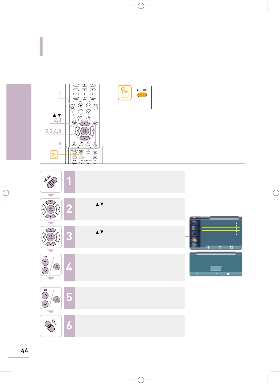 Adding channels, Setting the initialization adding channels | Samsung LTP468WX-XAA User Manual | Page 46 / 126