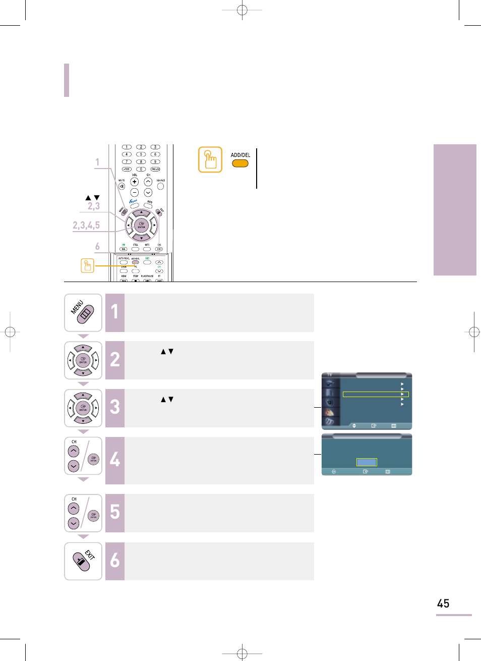 Erasing channels, Setting the initialization erasing channels | Samsung LTP468WX-XAA User Manual | Page 47 / 126