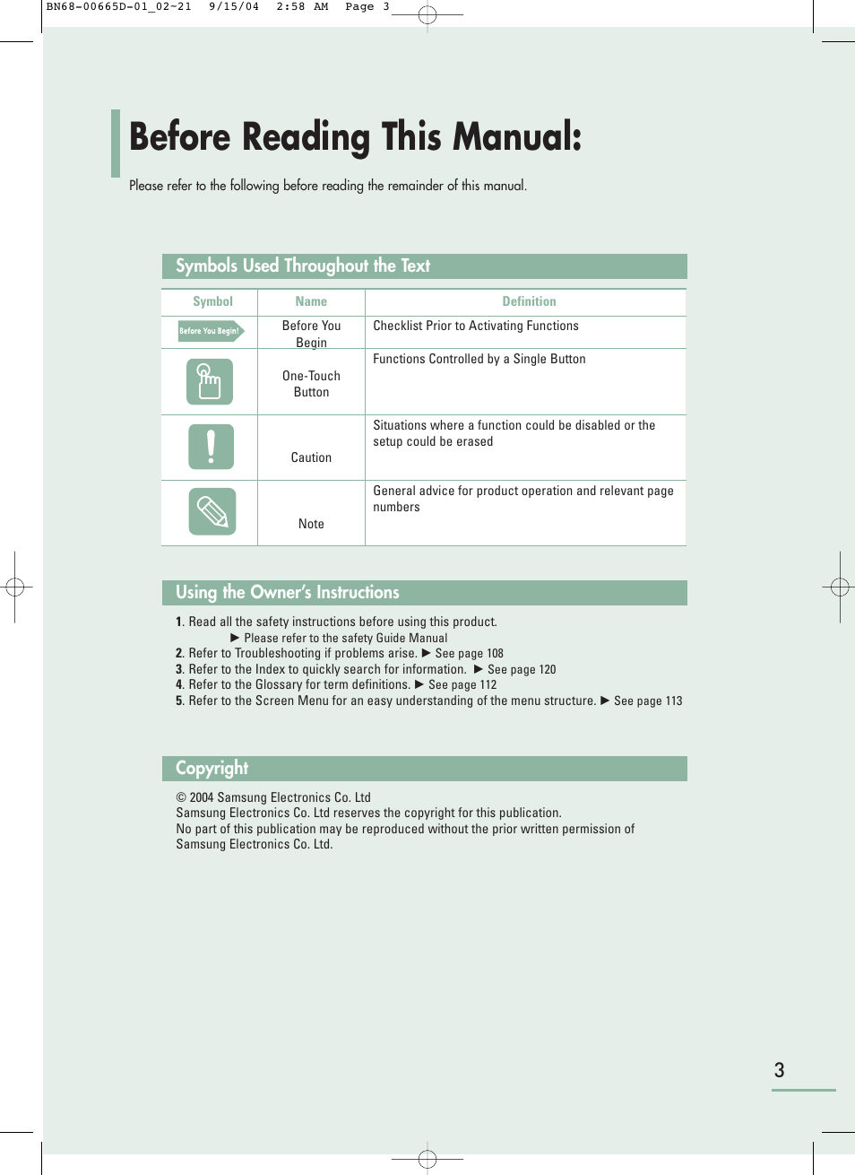 Before reading this manual, Symbols used throughout the text, Using the owner’s instructions | Copyright | Samsung LTP468WX-XAA User Manual | Page 5 / 126