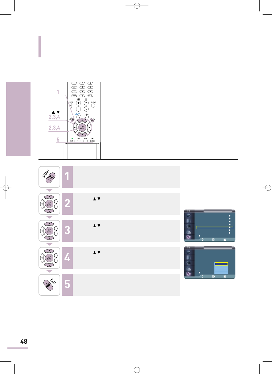 Choosing a menu language | Samsung LTP468WX-XAA User Manual | Page 50 / 126