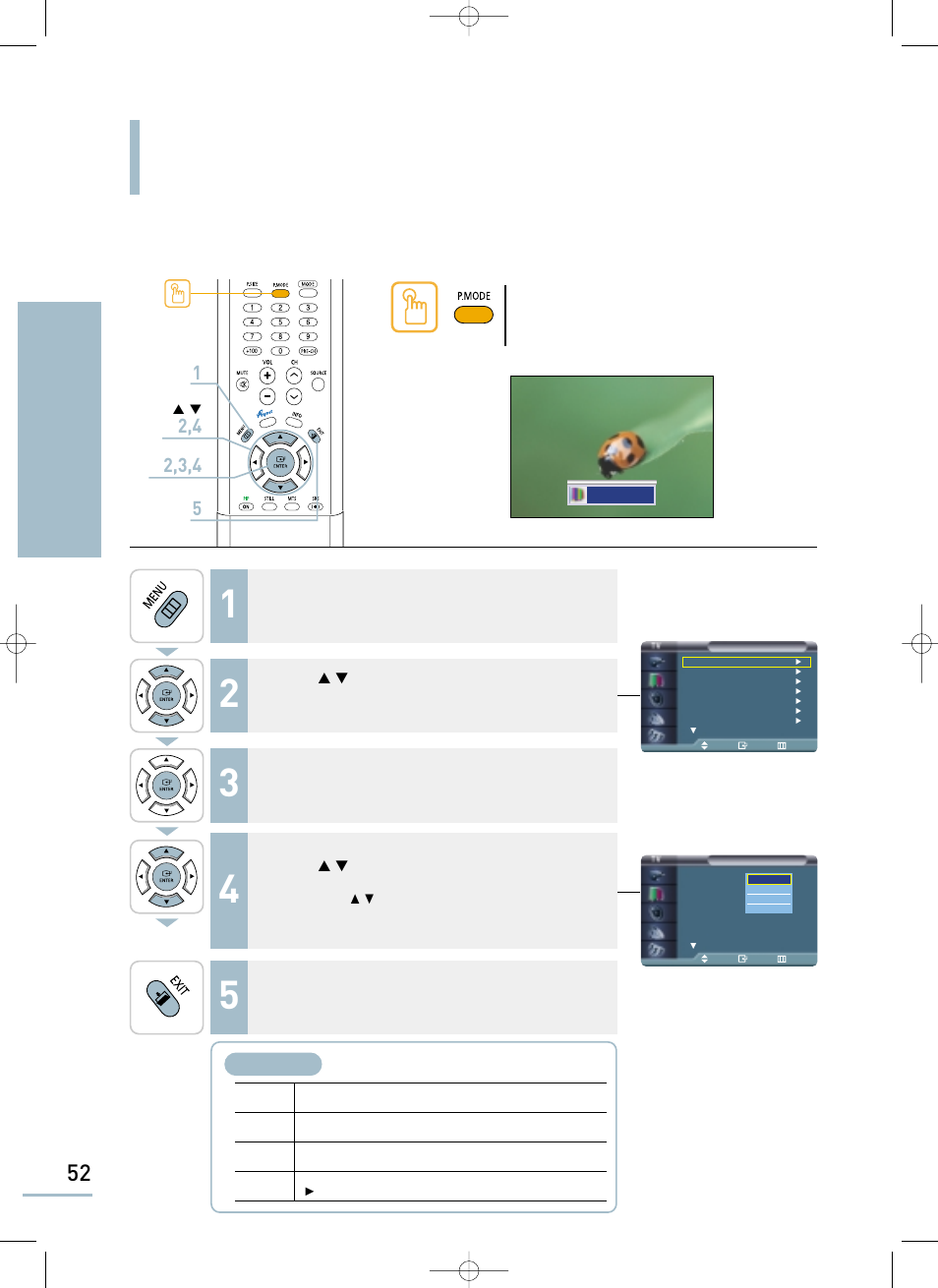 Selecting a picture mode, Setting the picture selecting a picture mode | Samsung LTP468WX-XAA User Manual | Page 54 / 126