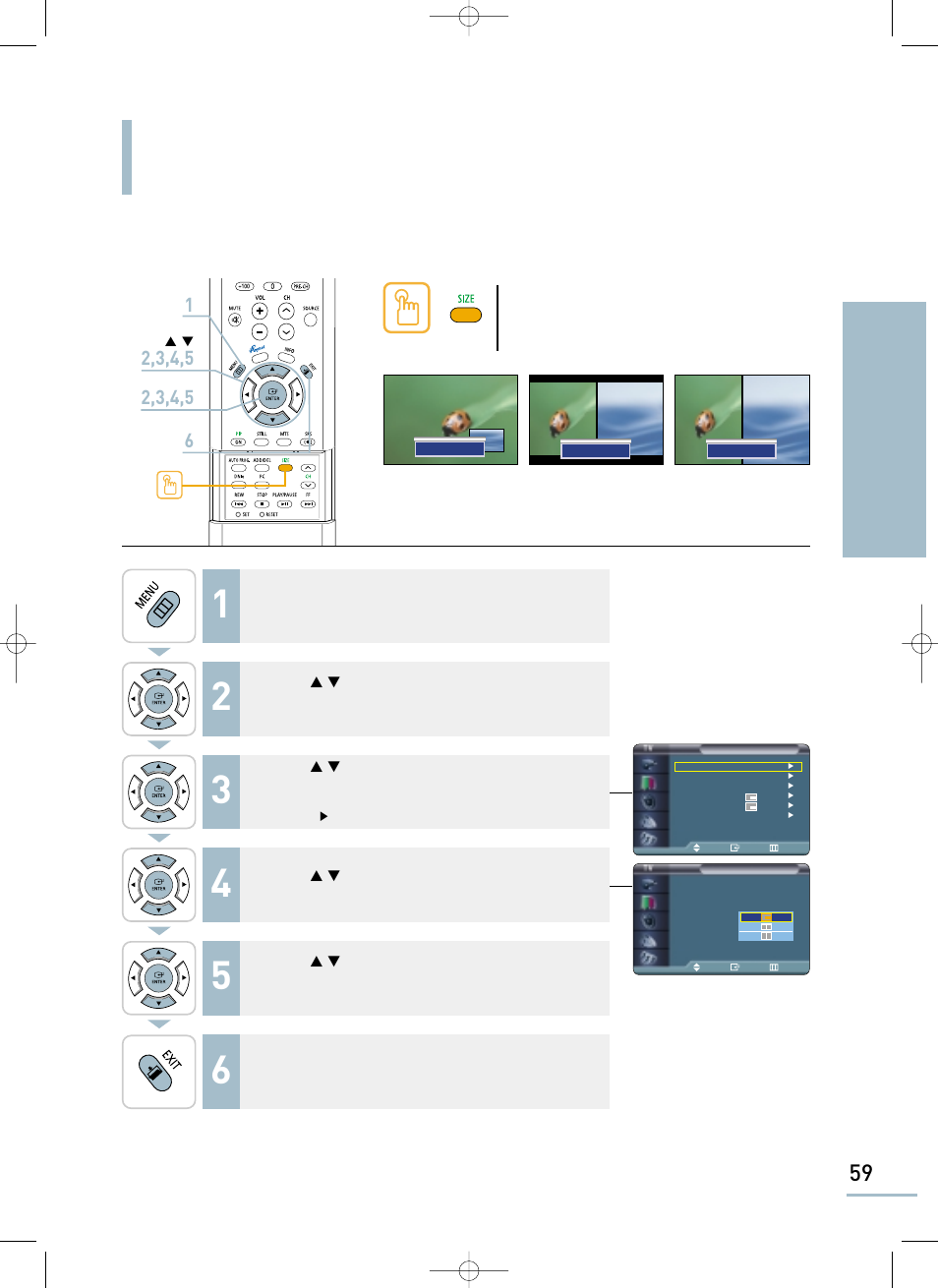 Changing the size of the pip window, Setting the picture picture-in-picture function | Samsung LTP468WX-XAA User Manual | Page 61 / 126