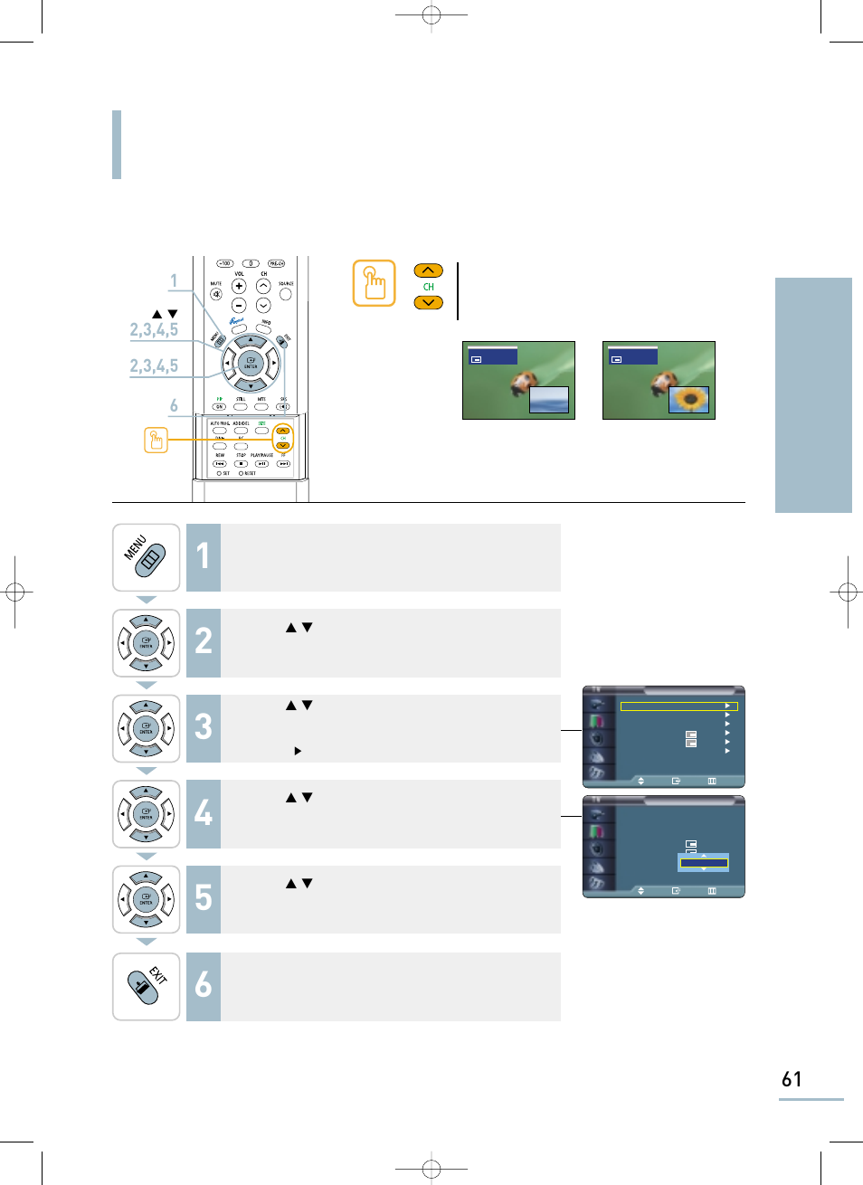 Changing the pip channel, Setting the picture picture-in-picture function | Samsung LTP468WX-XAA User Manual | Page 63 / 126
