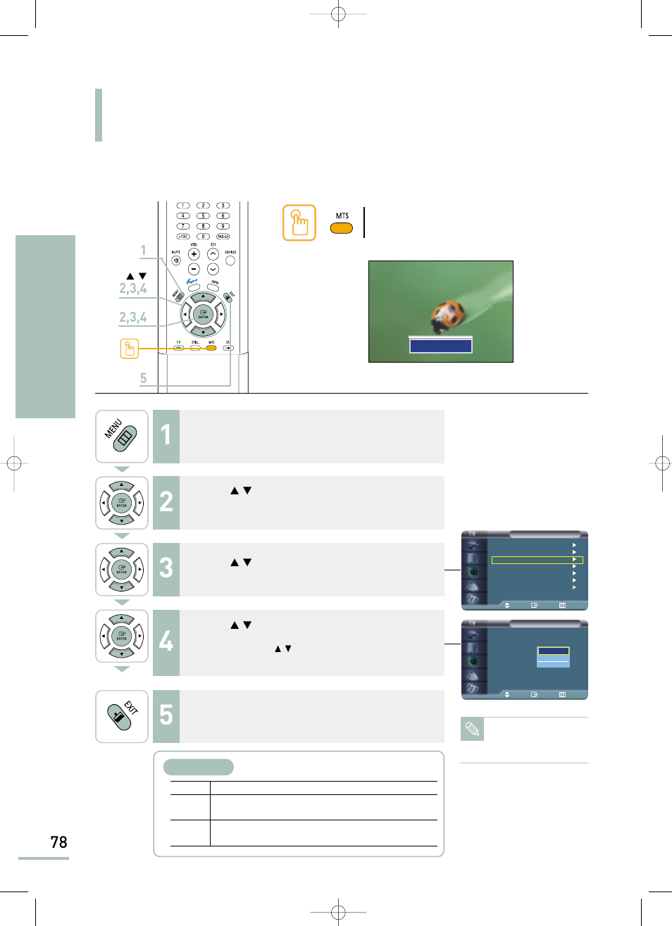 Setting multi-channel sound (mts) | Samsung LTP468WX-XAA User Manual | Page 80 / 126