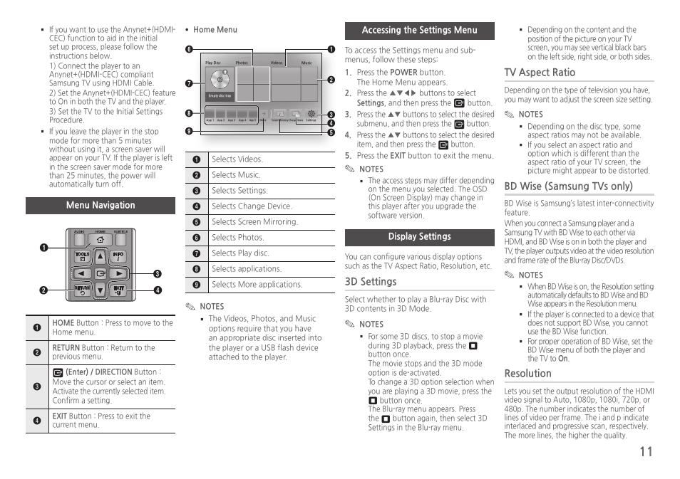 Menu navigation, Accessing the settings menu, Display settings | 3d●settings, Tv●aspect●ratio, Bd●wise●(samsung●tvs●only), Resolution | Samsung BD-HM59-ZA User Manual | Page 11 / 29