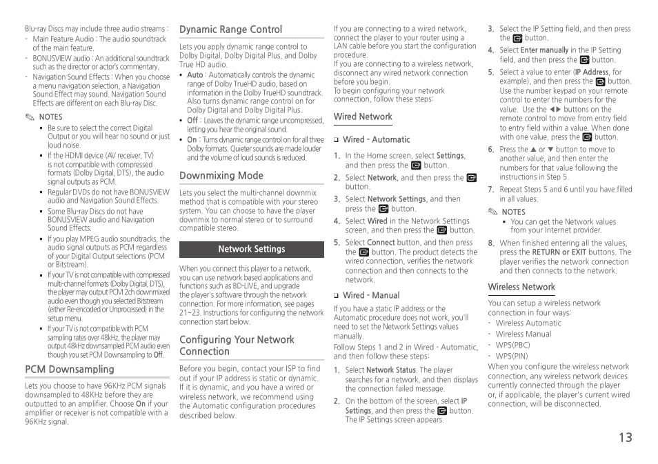 Network settings, Pcm●downsampling, Dynamic●range●control | Downmixing●mode, Configuring●your●network● connection | Samsung BD-HM59-ZA User Manual | Page 13 / 29