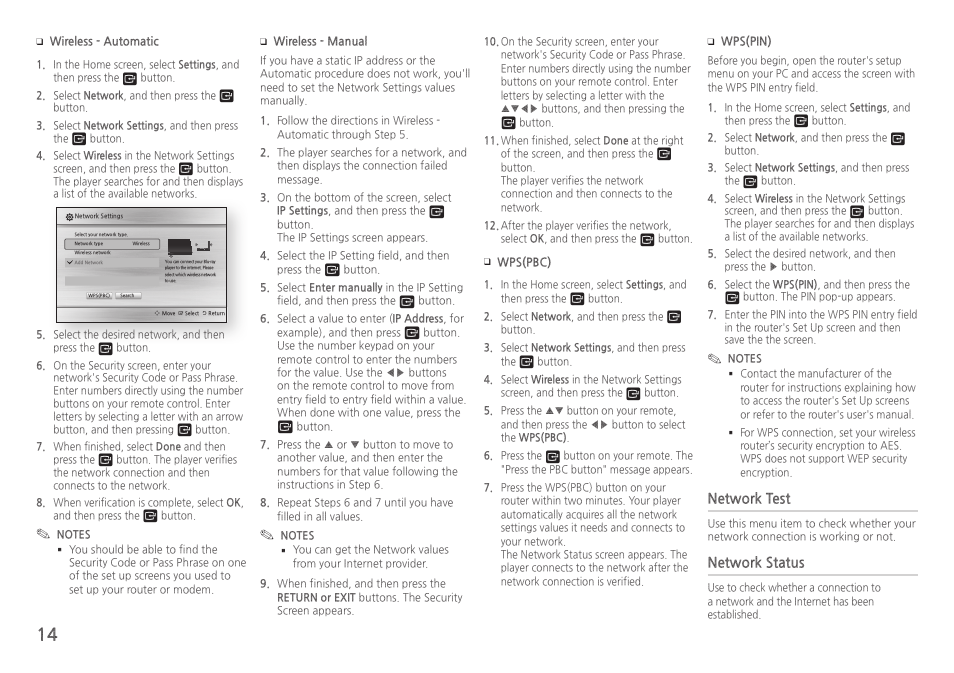 Network●test, Network●status | Samsung BD-HM59-ZA User Manual | Page 14 / 29