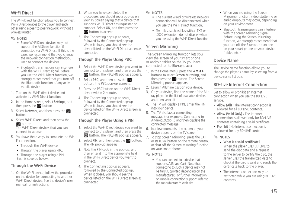 Wi-fi●direct, Screen●mirroring, Device●name | Bd-live●internet●connection | Samsung BD-HM59-ZA User Manual | Page 15 / 29