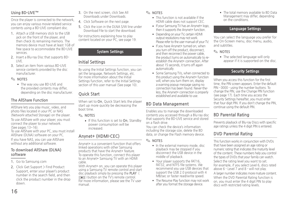System settings, Language settings, Security settings | Initial●settings, Quick●start, Anynet+●(hdmi-cec), Bd●data●management, Bd●parental●rating, Dvd●parental●rating | Samsung BD-HM59-ZA User Manual | Page 16 / 29