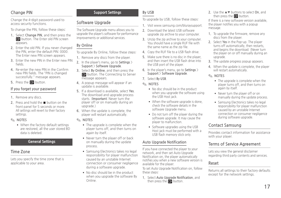 General settings, Support settings, Change●pin | Time●zone, Software●upgrade, Contact●samsung, Terms●of●service●agreement, Reset | Samsung BD-HM59-ZA User Manual | Page 17 / 29