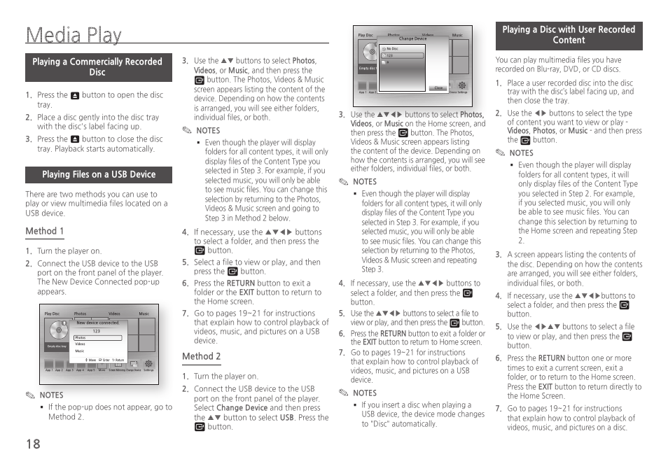 Media play, Playing a commercially recordeddisc, Playing files on a usb device | Playing a disc with user recordedcontent | Samsung BD-HM59-ZA User Manual | Page 18 / 29