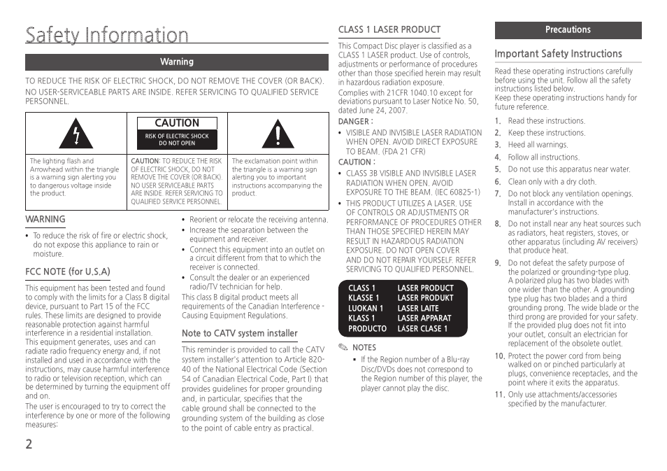 Safety information, Warning, Precautions | Caution, Important●safety●instructions | Samsung BD-HM59-ZA User Manual | Page 2 / 29