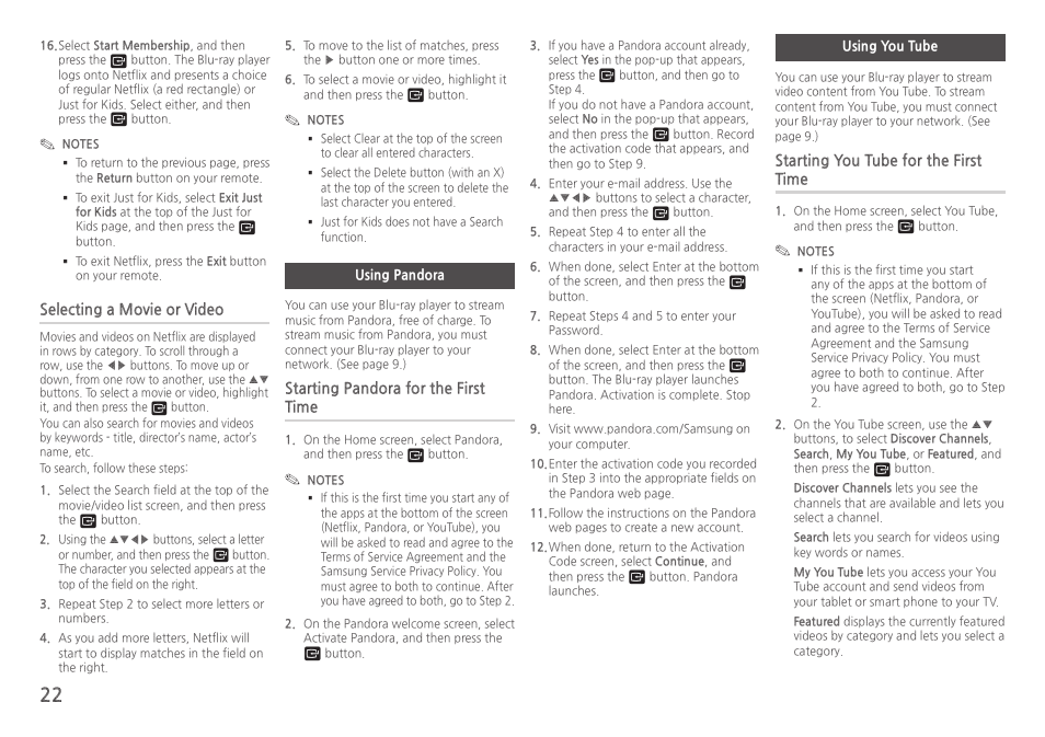 Using pandora, Using you tube, Selecting●a●movie●or●video | Starting●pandora●for●the●first● time, Starting●you●tube●for●the●first● time | Samsung BD-HM59-ZA User Manual | Page 22 / 29