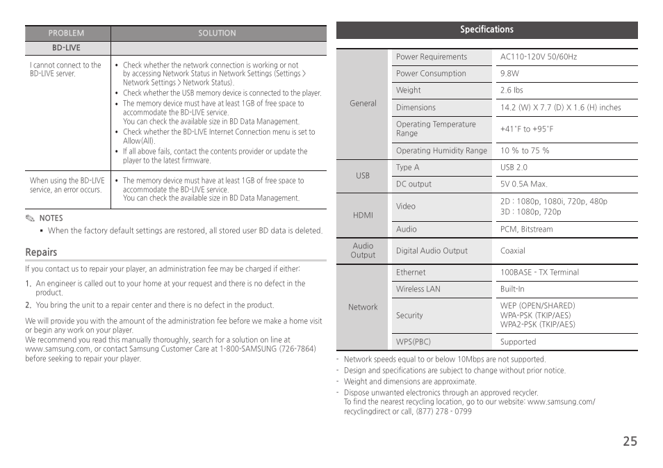 Specifications, Repairs | Samsung BD-HM59-ZA User Manual | Page 25 / 29