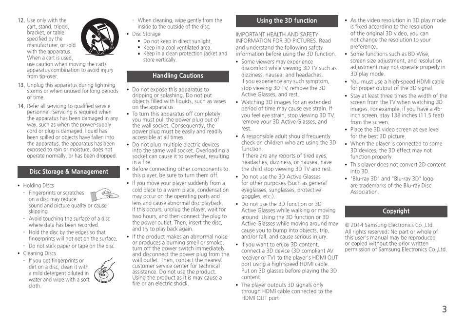 Disc storage & management, Handling cautions, Using the 3d function | Copyright | Samsung BD-HM59-ZA User Manual | Page 3 / 29