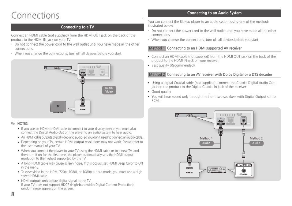 Connections, Connecting to a tv, Connecting to an audio system | Samsung BD-HM59-ZA User Manual | Page 8 / 29