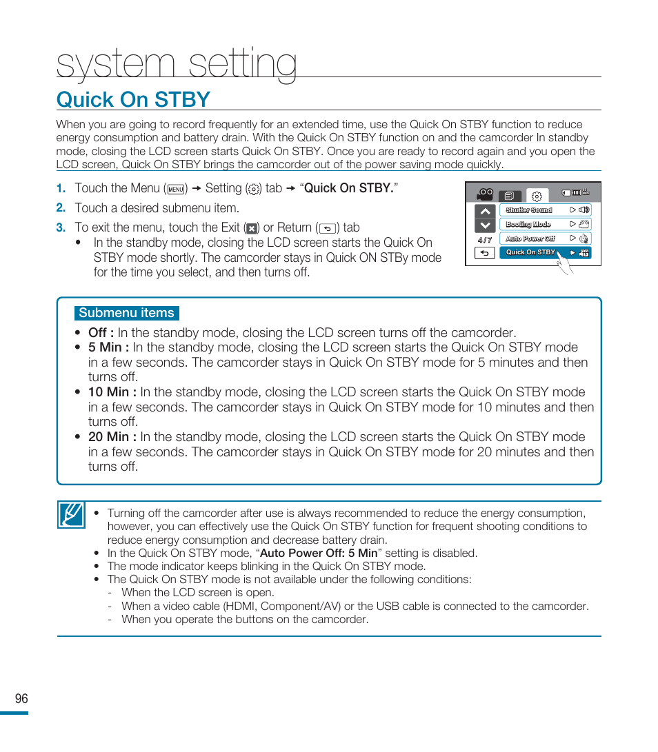 Quick on stby, System setting | Samsung HMX-M20BN-XAA User Manual | Page 100 / 147