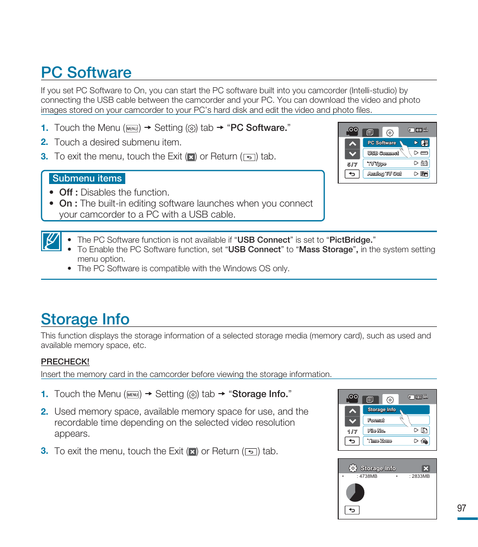 Pc software, Storage info, Touch the menu ( ) setting ( ) tab “ storage info | Touch the menu ( ) setting ( ) tab “ pc software, Touch a desired submenu item | Samsung HMX-M20BN-XAA User Manual | Page 101 / 147