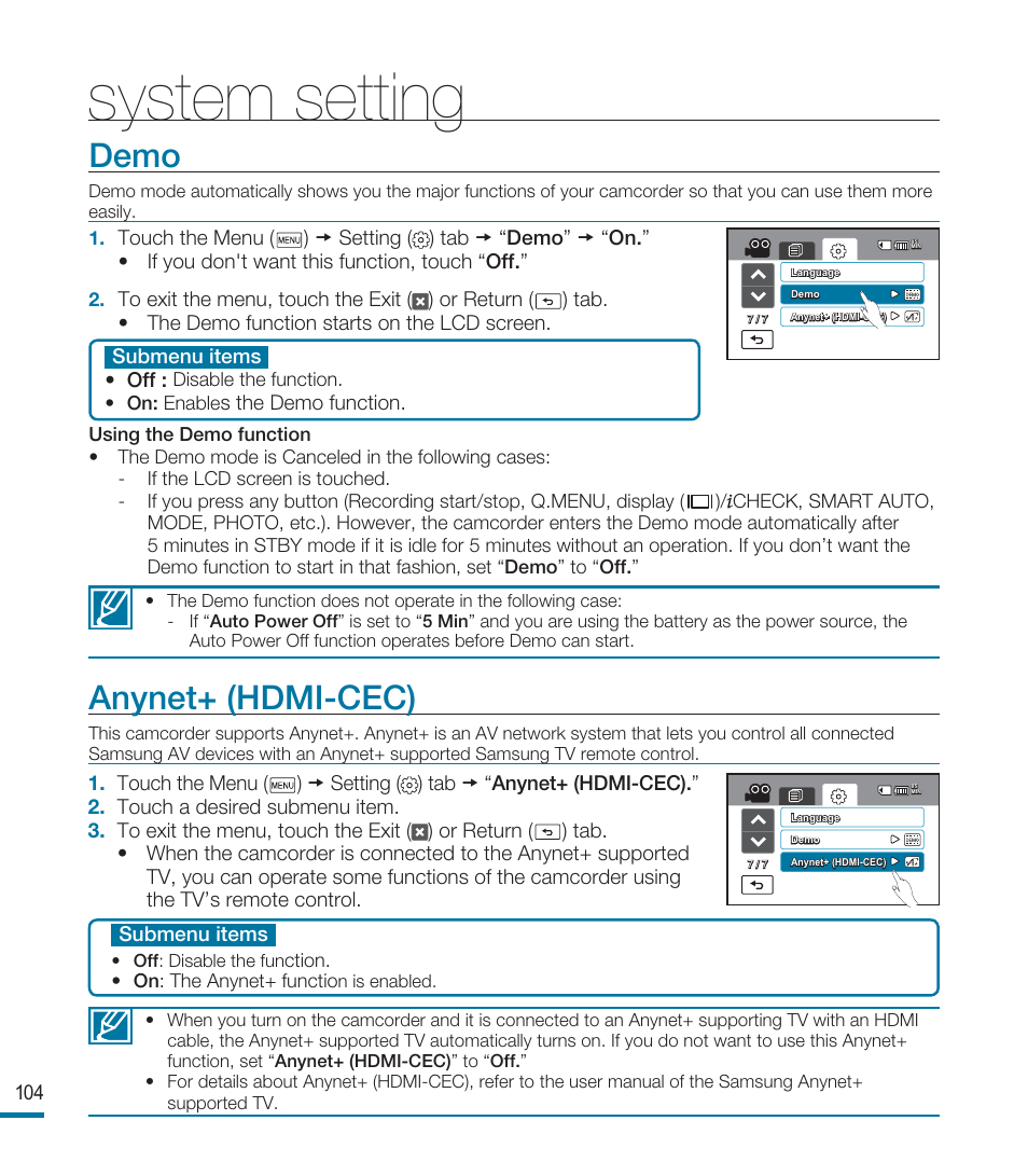 Demo, Anynet+ (hdmi-cec), System setting | Samsung HMX-M20BN-XAA User Manual | Page 108 / 147