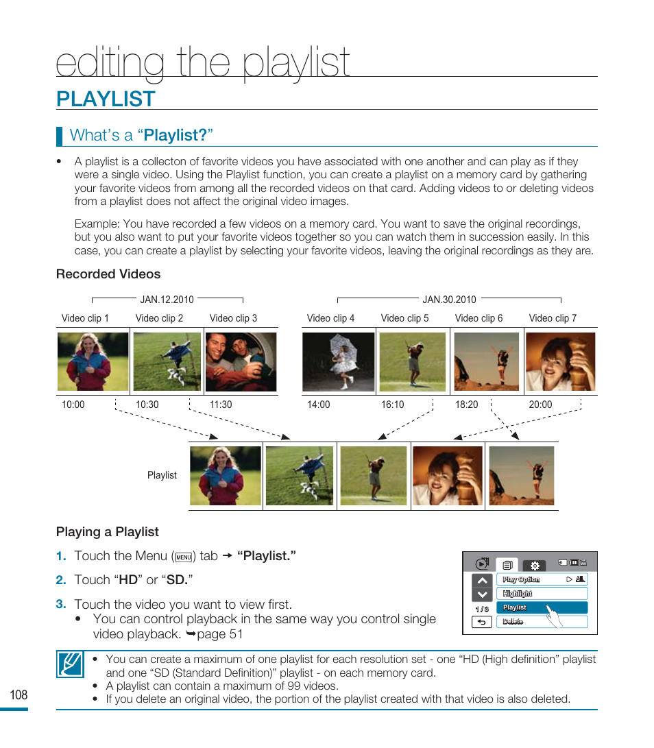 Editing the playlist, Playlist, What’s a “ playlist | Samsung HMX-M20BN-XAA User Manual | Page 112 / 147