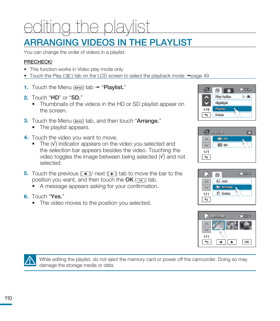 Arranging videos in the playlist, Editing the playlist | Samsung HMX-M20BN-XAA User Manual | Page 114 / 147