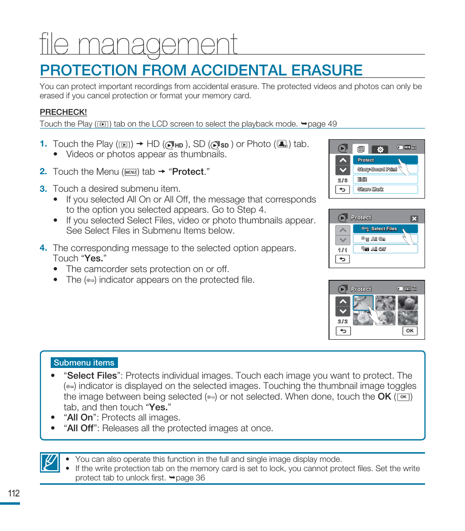 File management, Protection from accidental erasure, FIle management | Samsung HMX-M20BN-XAA User Manual | Page 116 / 147