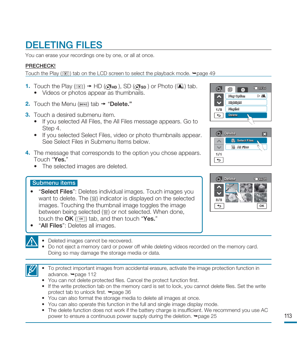 Deleting files, Touch the play ( ) hd, Touch the menu ( ) tab “ delete | Samsung HMX-M20BN-XAA User Manual | Page 117 / 147