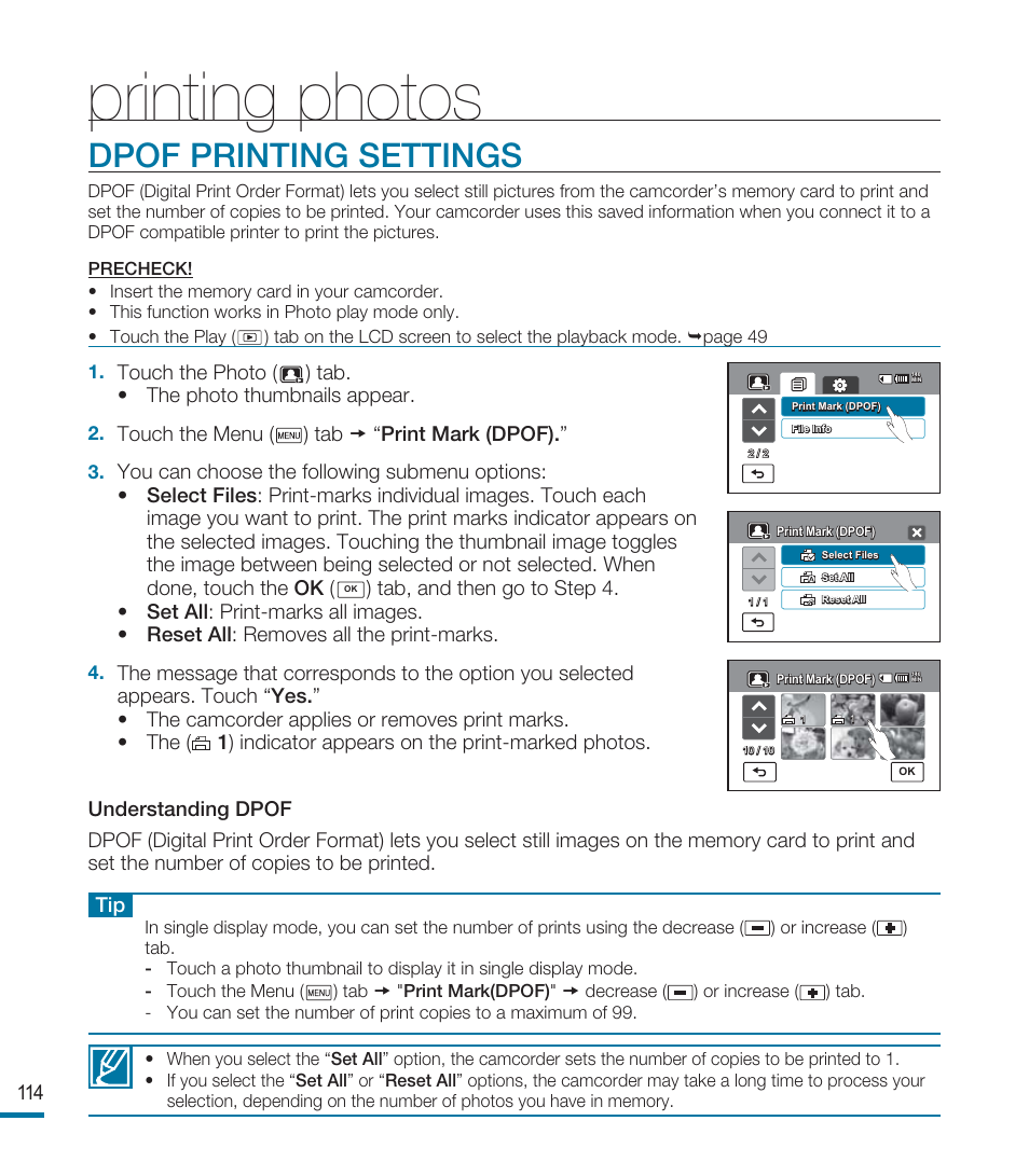 Printing photos, Dpof printing settings | Samsung HMX-M20BN-XAA User Manual | Page 118 / 147