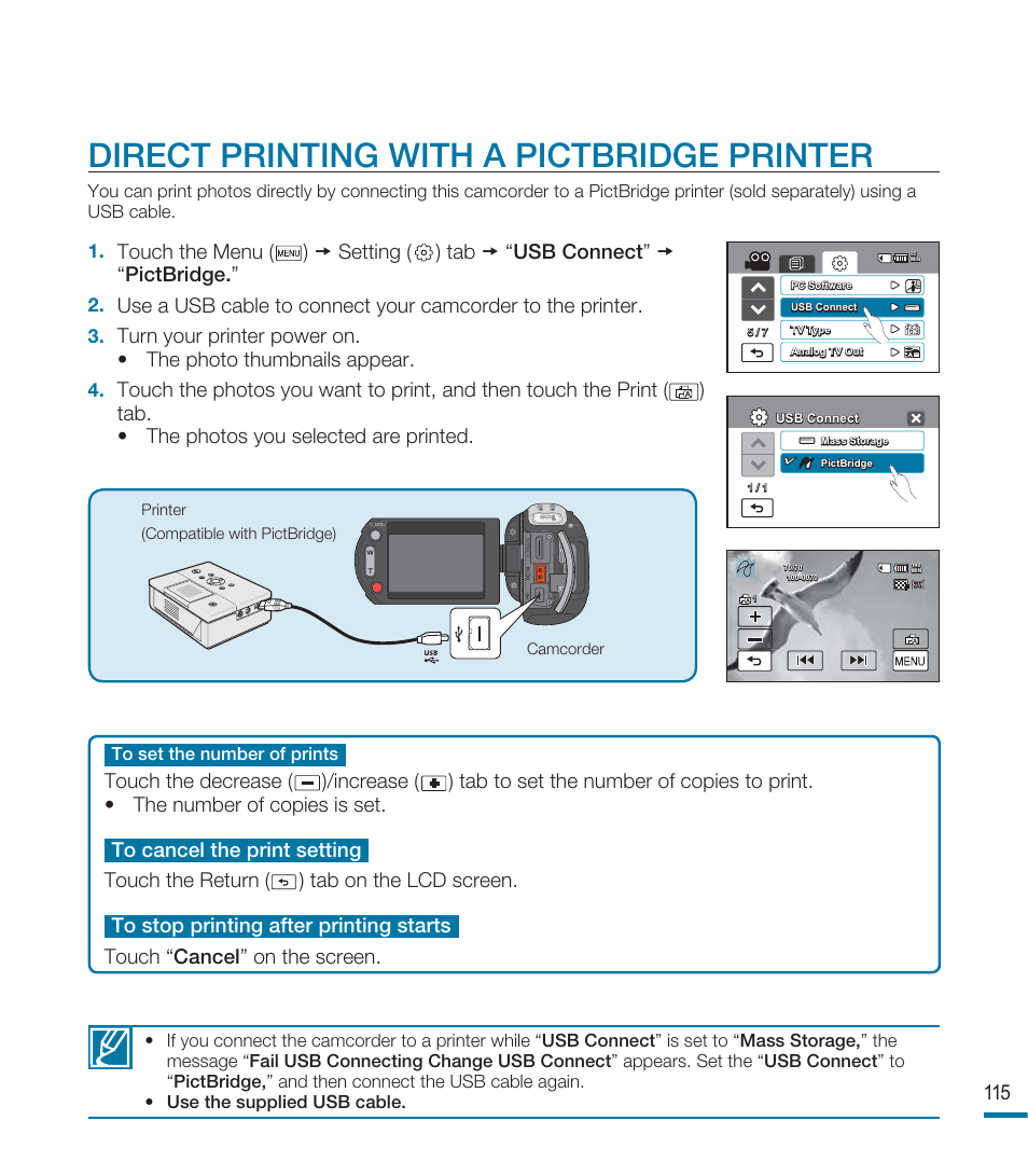 Direct printing with a pictbridge printer | Samsung HMX-M20BN-XAA User Manual | Page 119 / 147