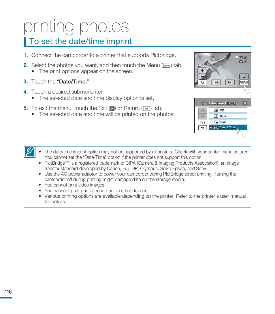 Printing photos | Samsung HMX-M20BN-XAA User Manual | Page 120 / 147