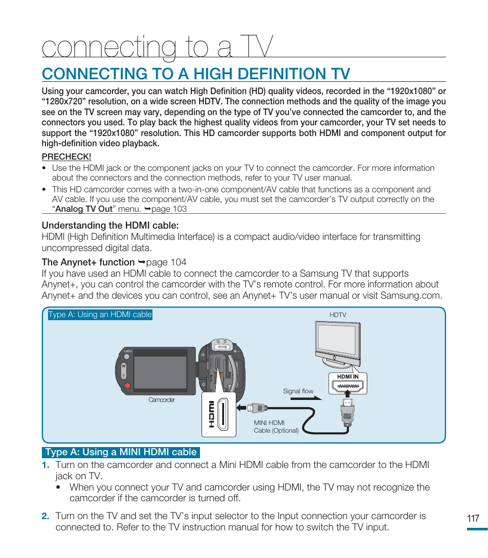 Connecting to a tv, Connecting to a high definition tv | Samsung HMX-M20BN-XAA User Manual | Page 121 / 147