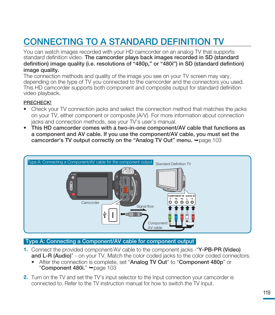 Connecting to a standard definition tv | Samsung HMX-M20BN-XAA User Manual | Page 123 / 147