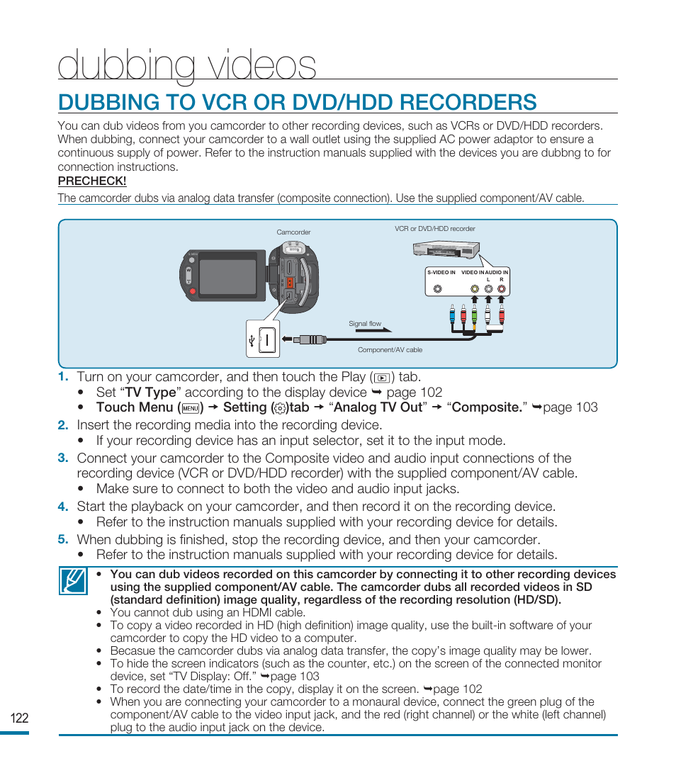 Dubbing videos, Dubbing to vcr or dvd/hdd recorders | Samsung HMX-M20BN-XAA User Manual | Page 126 / 147