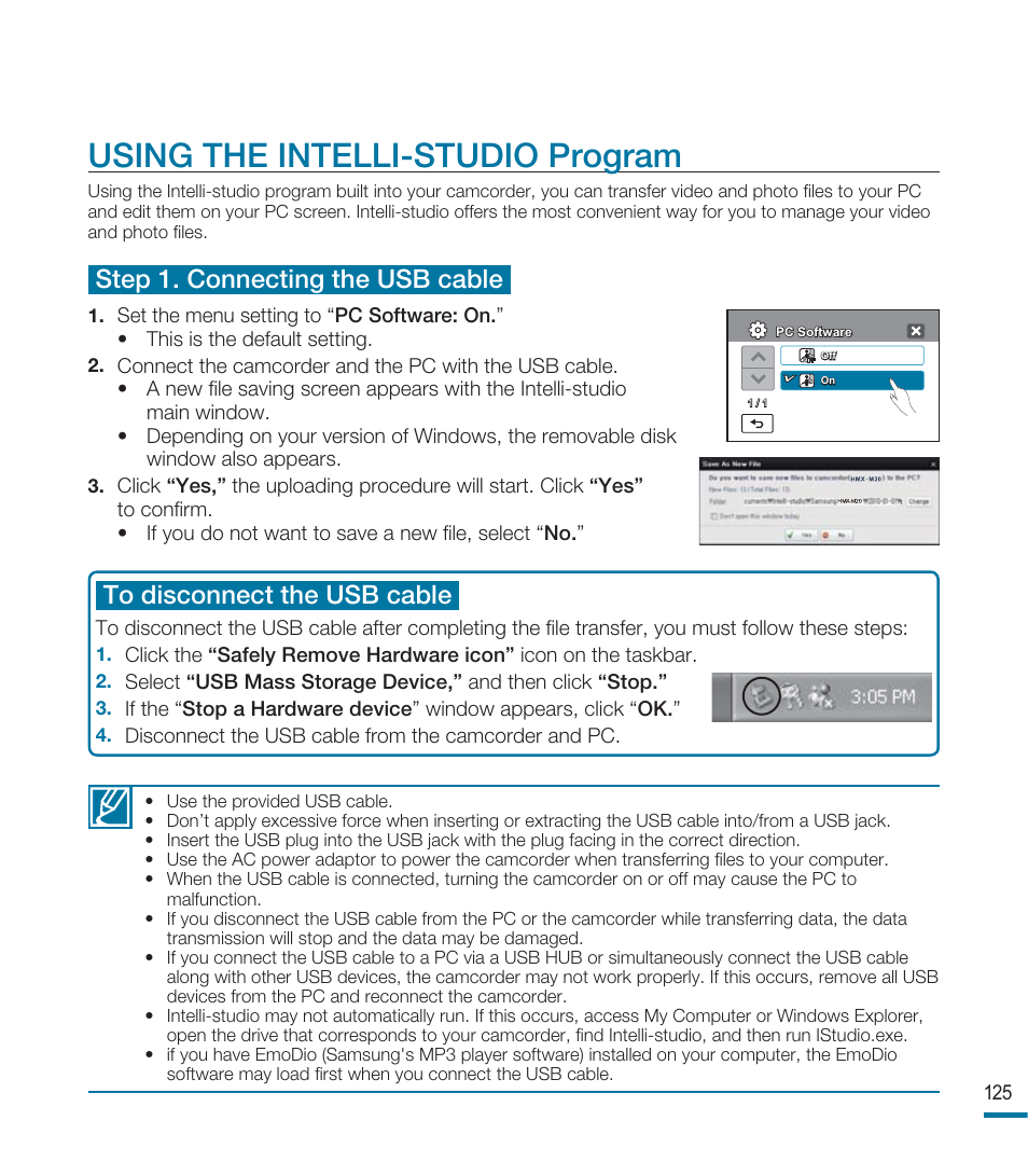 Using the intelli-studio program, Step 1. connecting the usb cable | Samsung HMX-M20BN-XAA User Manual | Page 129 / 147