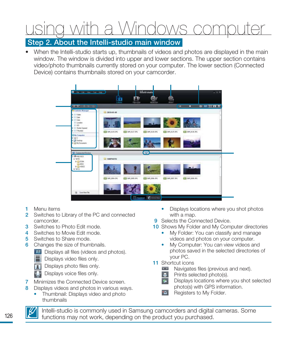 Using with a windows computer, Step 2. about the intelli-studio main window | Samsung HMX-M20BN-XAA User Manual | Page 130 / 147