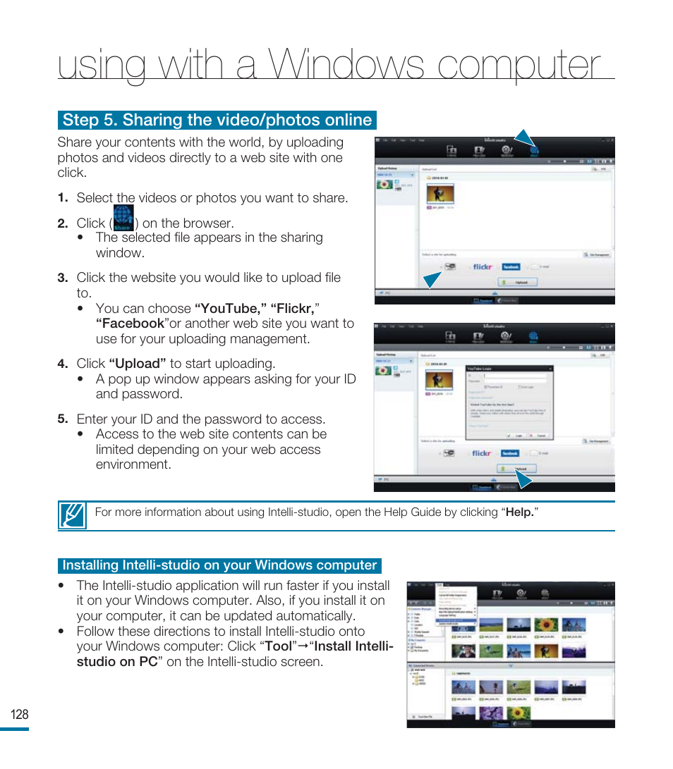 Using with a windows computer, Step 5. sharing the video/photos online | Samsung HMX-M20BN-XAA User Manual | Page 132 / 147