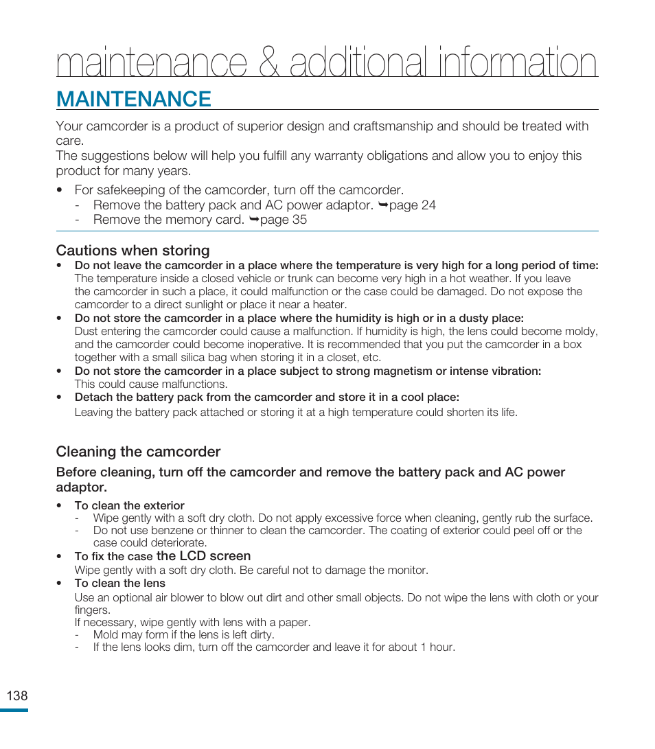 Maintenance & additional information, Maintenance | Samsung HMX-M20BN-XAA User Manual | Page 142 / 147