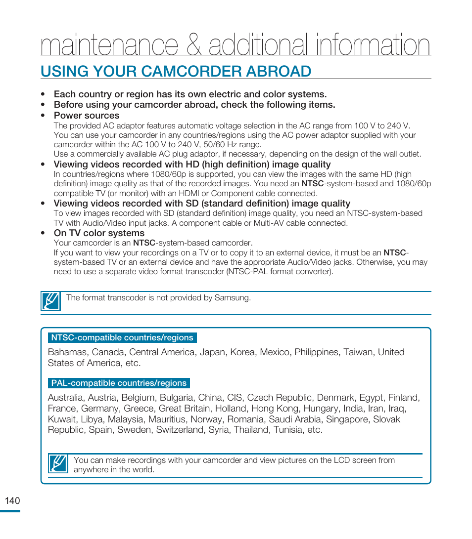 Using your camcorder abroad, Maintenance & additional information | Samsung HMX-M20BN-XAA User Manual | Page 144 / 147