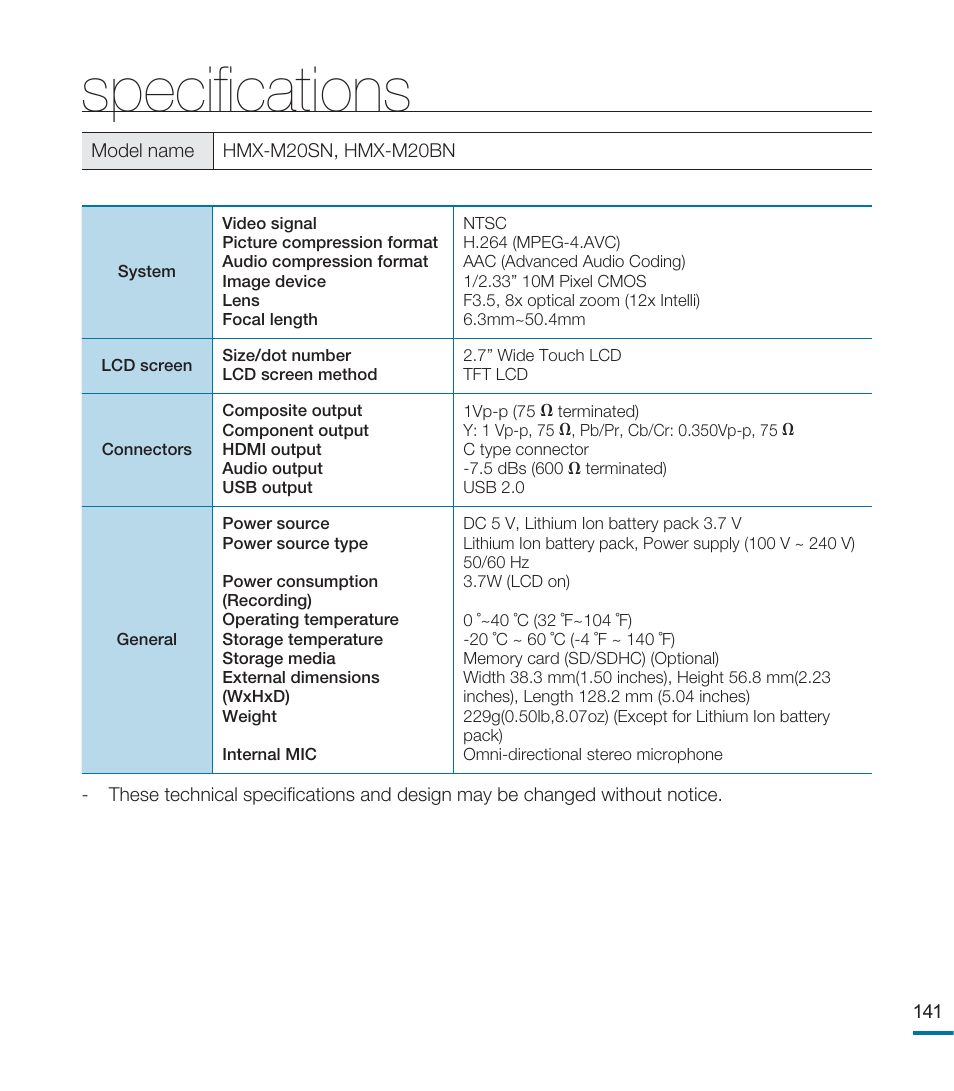 Specifications, Speciﬁcations | Samsung HMX-M20BN-XAA User Manual | Page 145 / 147