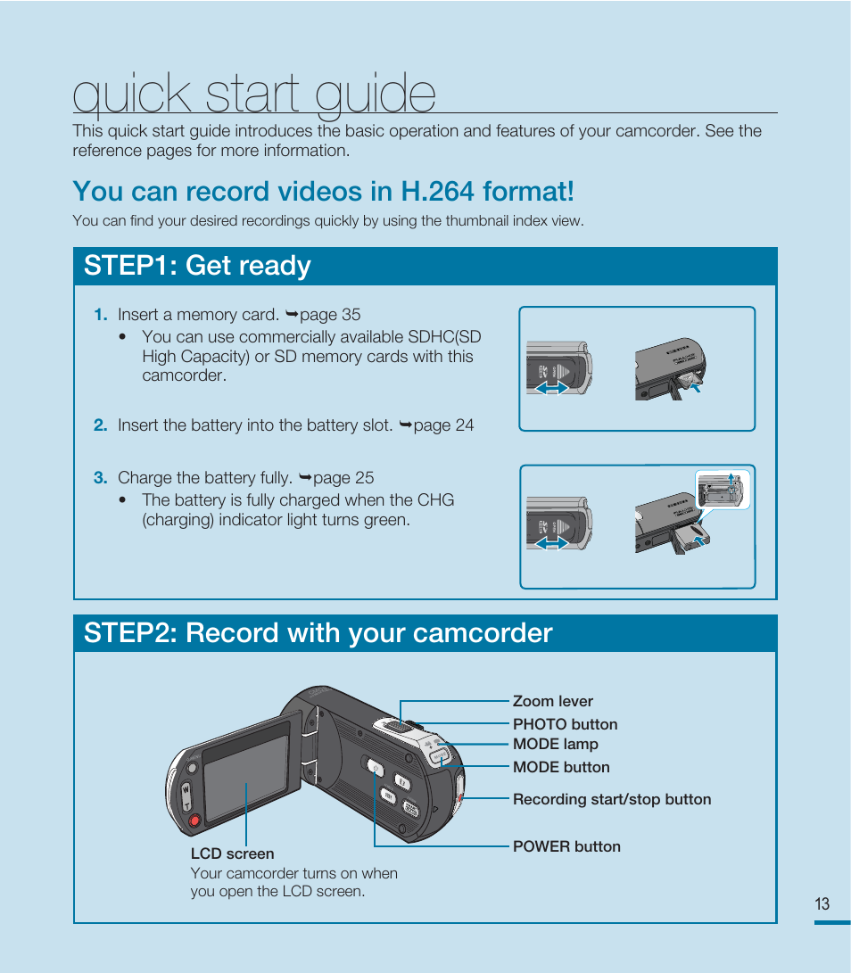 Quick start guide, You can record videos in h.264 format, Step1: get ready | Step2: record with your camcorder | Samsung HMX-M20BN-XAA User Manual | Page 17 / 147