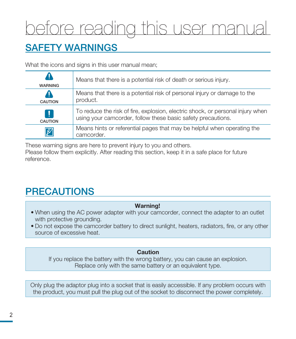 Before reading this user manual, Safety warnings, Precautions | Samsung HMX-M20BN-XAA User Manual | Page 2 / 147