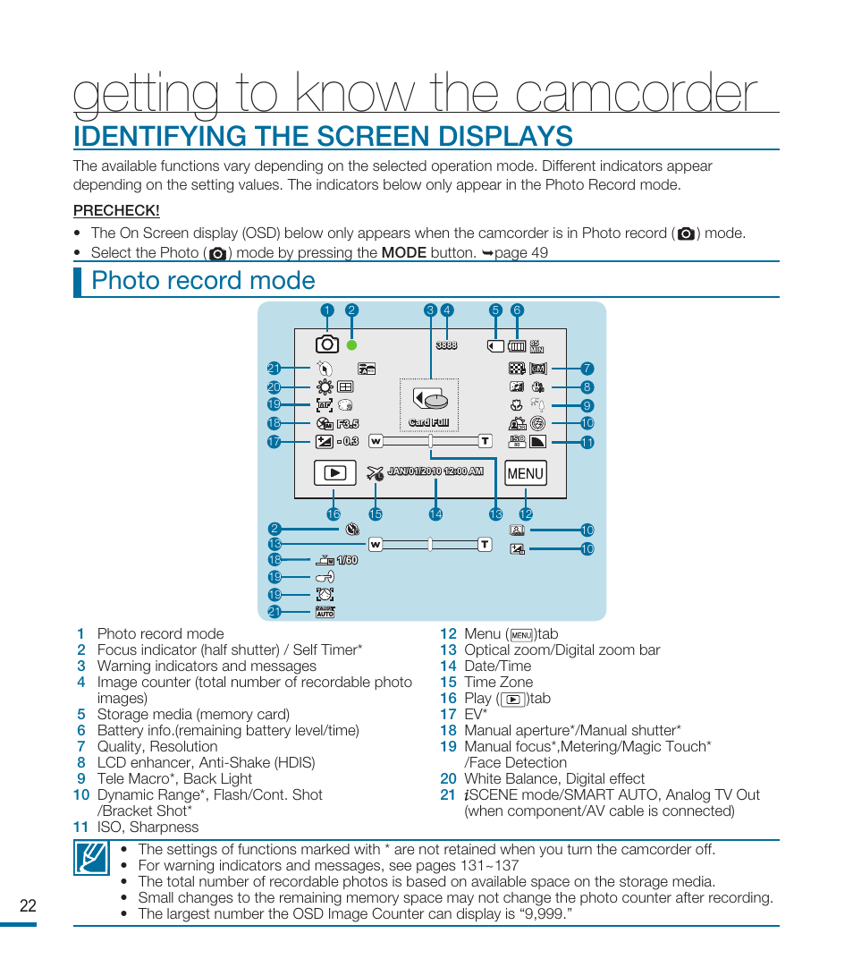 Getting to know the camcorder, Identifying the screen displays, Photo record mode | Samsung HMX-M20BN-XAA User Manual | Page 26 / 147