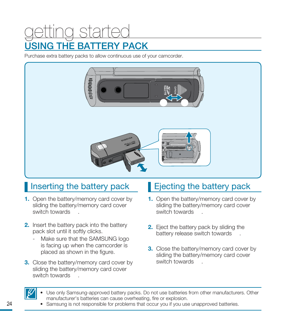 Getting started, Using the battery pack, Inserting the battery pack | Ejecting the battery pack | Samsung HMX-M20BN-XAA User Manual | Page 28 / 147