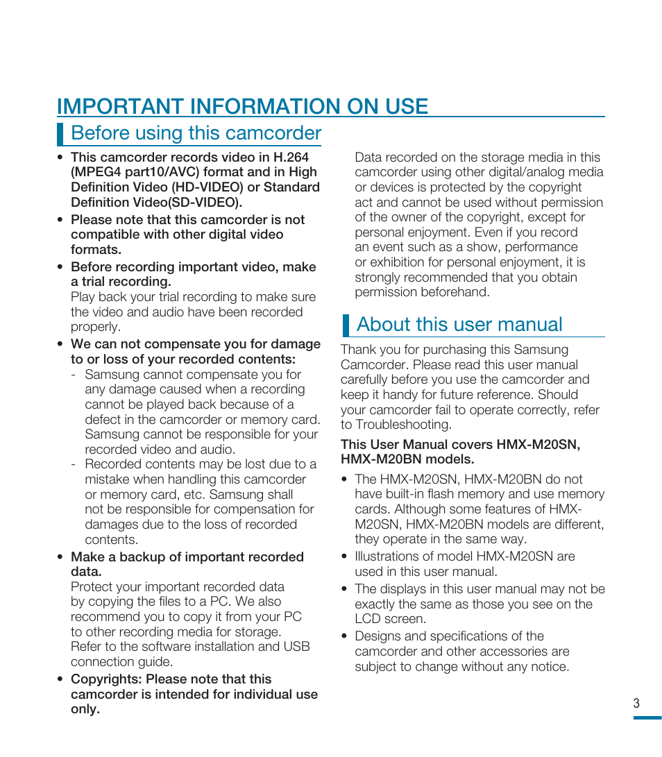 Important information on use, Before using this camcorder about this user manual | Samsung HMX-M20BN-XAA User Manual | Page 3 / 147