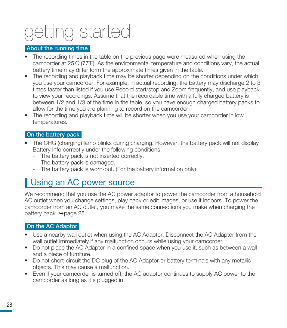 Getting started, Using an ac power source | Samsung HMX-M20BN-XAA User Manual | Page 32 / 147