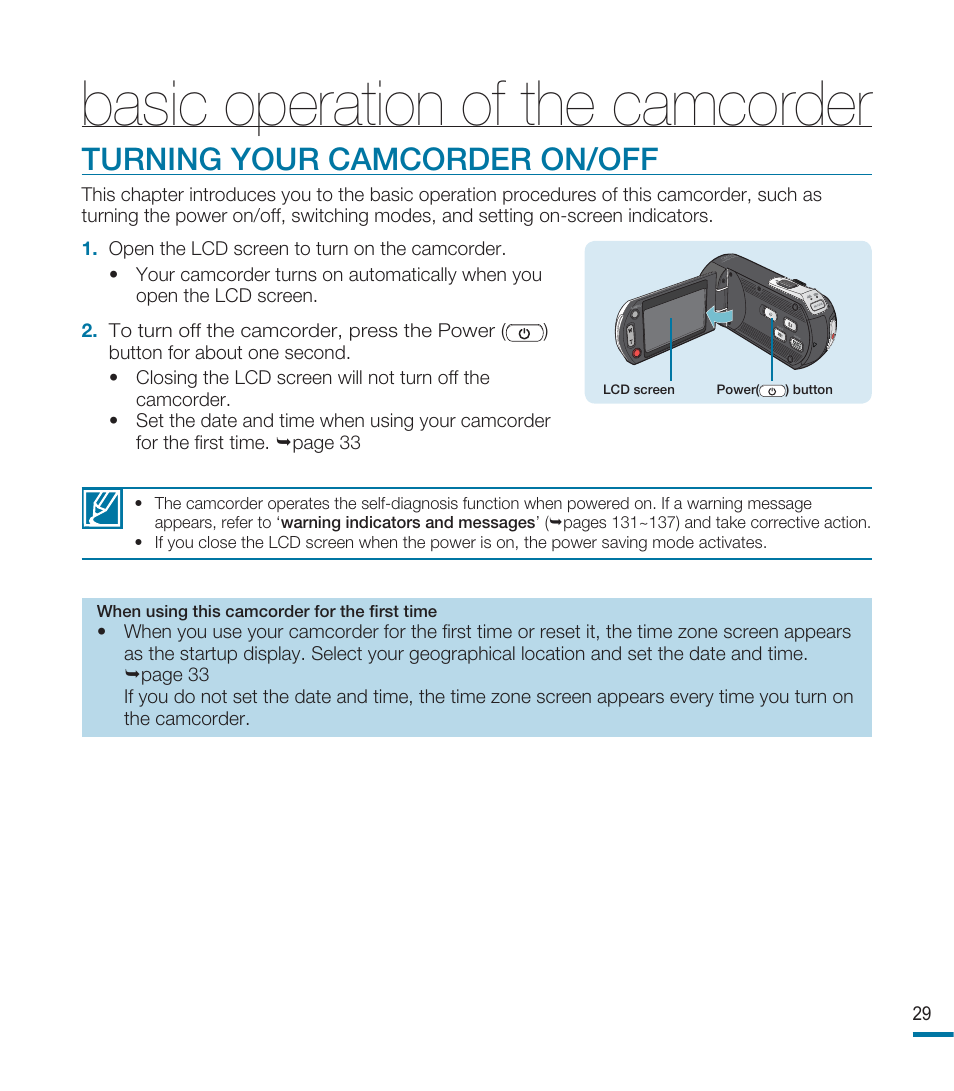 Basic operation of the camcorder, Turning your camcorder on/off | Samsung HMX-M20BN-XAA User Manual | Page 33 / 147